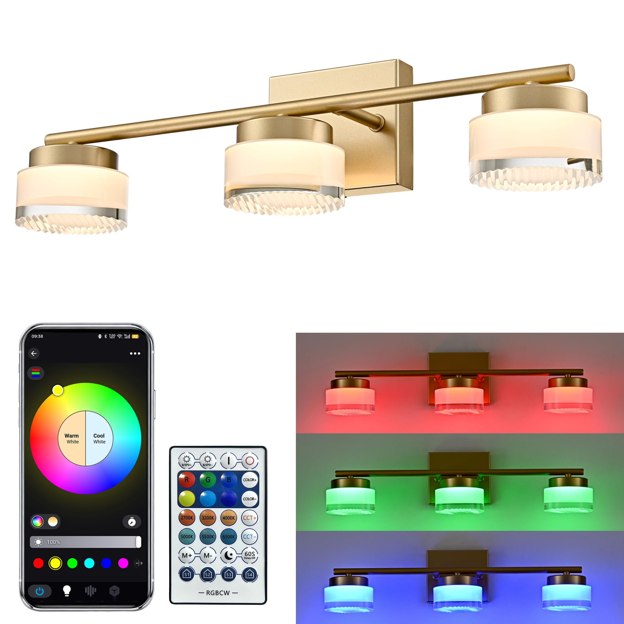 Modern 1600LM RGB LED Wall Lights with Music Sync, 6 CCT Smart Sconces, Scene Modes Ambience Lighting for Bedroom Living Room DAYCENT Gold 3-Light Bathroom Vanity Lights with Remote APP Control 21.26"