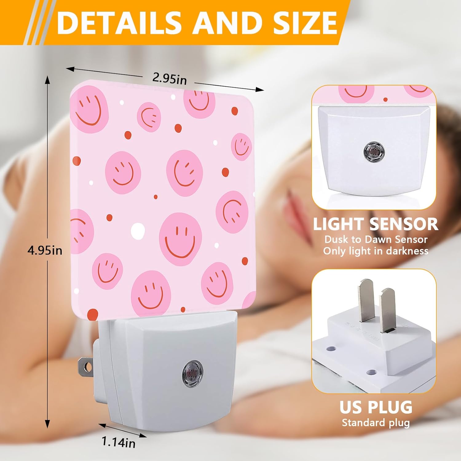 Pink Smiley Face Night Light, Plug-into Nightlight White LED Lamp, Energy Efficient Decor Desk Lamp for Bedroom Hallway Stairs Bathroom