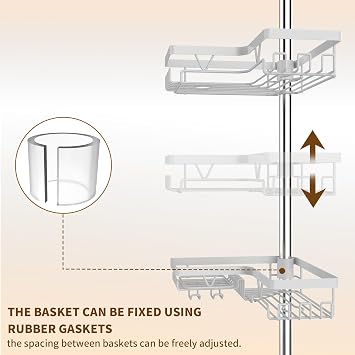 KEGII Telescopic Corner Shower Caddy - Stainless Steel No Drilling Bathroom Shelf with Soap Holder and Hooks (White), for Bath or Stand Up