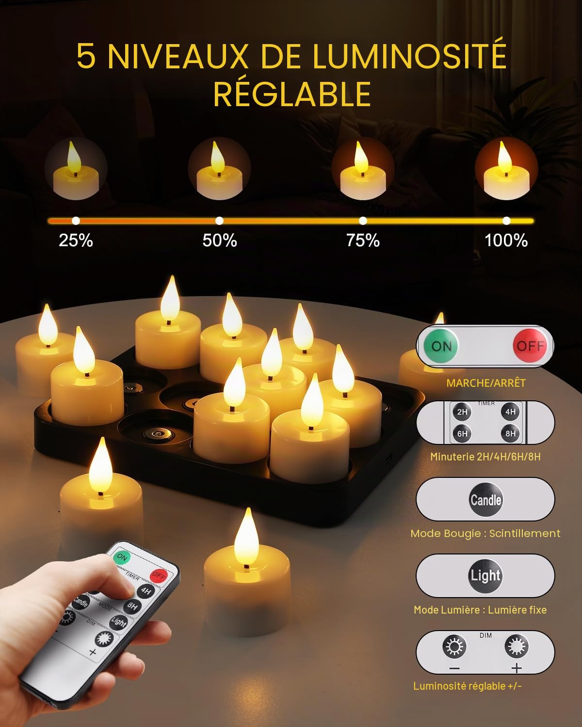 Bougies Chauffe Plat LED avec Station de Recharge Magnétique, Lot de 12 Bougies LED Scintillantes avec Minuterie et 2 Télécommandes, Idéales pour Noël Halloween Table Fêtes Salon Décoration