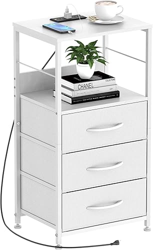 Mesita de noche blanca con estación de carga, mesa auxiliar con cajón, mesita de noche alta con puertos USB y tomacorrientes, mesita de noche de 3