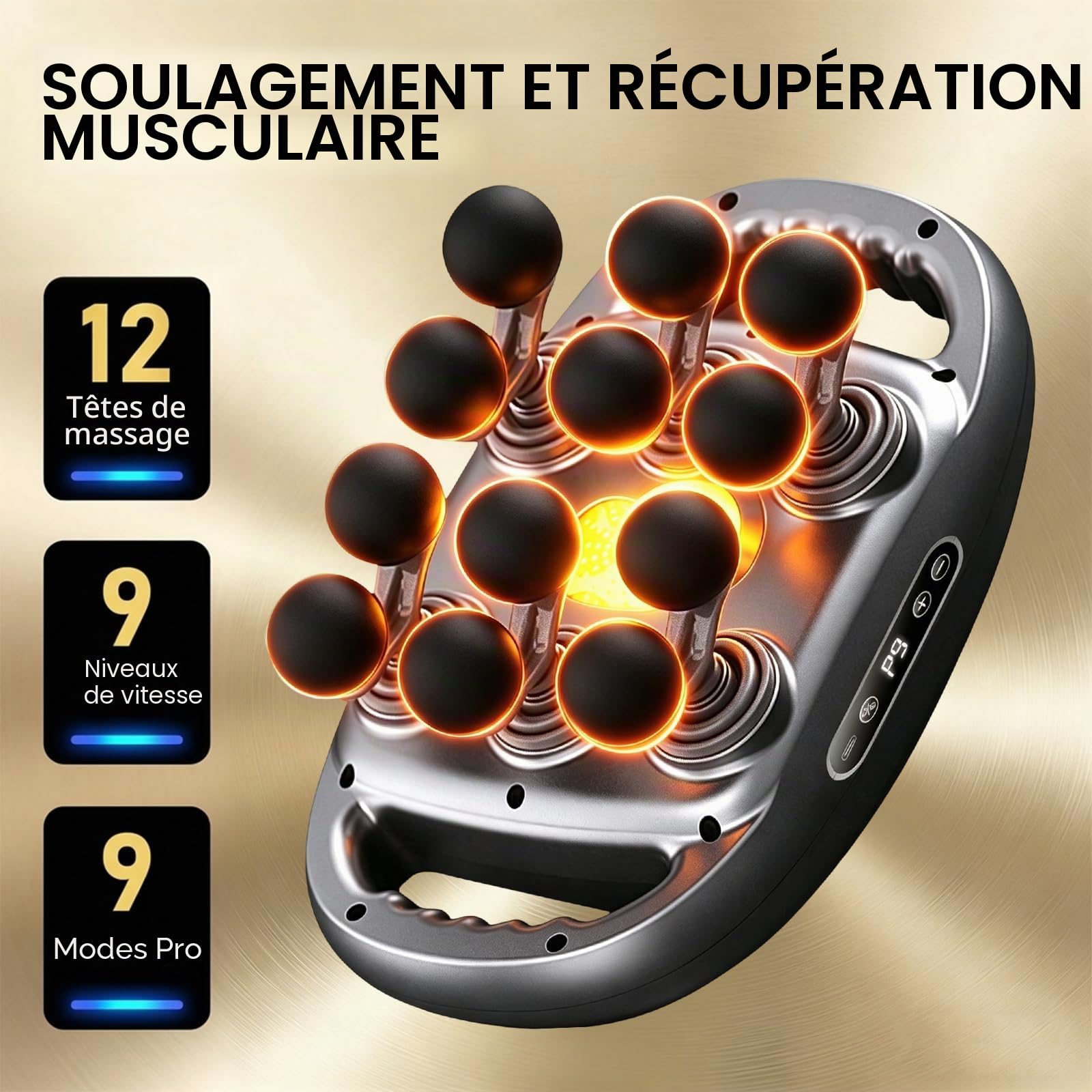 Pistolet de Massage 12 Têtes Tissu Profond pour Dos Jambes Nuque avec Chaleur 9 Modes 9 Intensités Silencieux 35dB Masseur Corporel