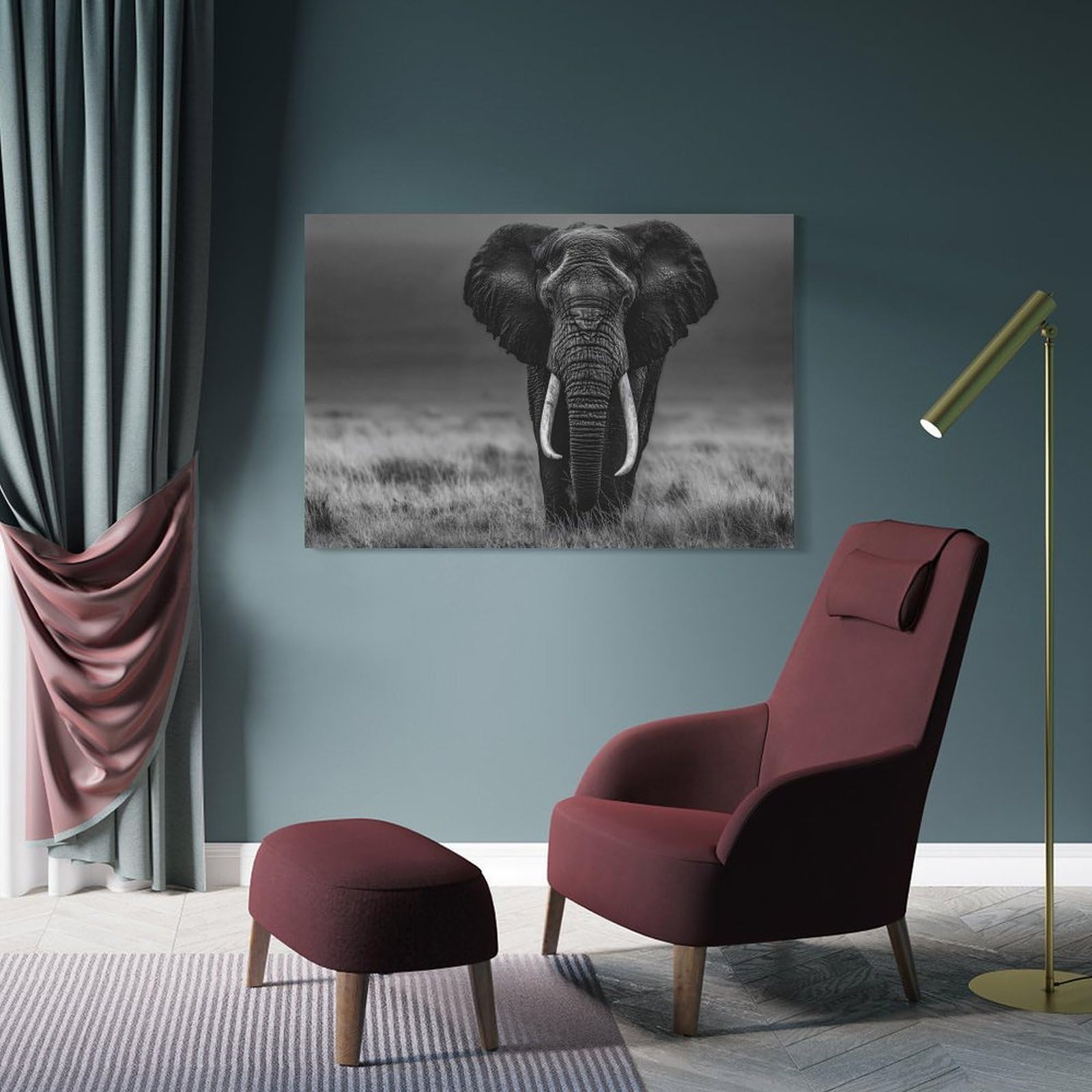 Junmoney Frame-Style-22 Elephant Portrait In Black And White Hanging Wall Art, 20X30inch(50X75cm), For Entryway, Lounge Links Or Small Walls, Home Artwork For First Impressions