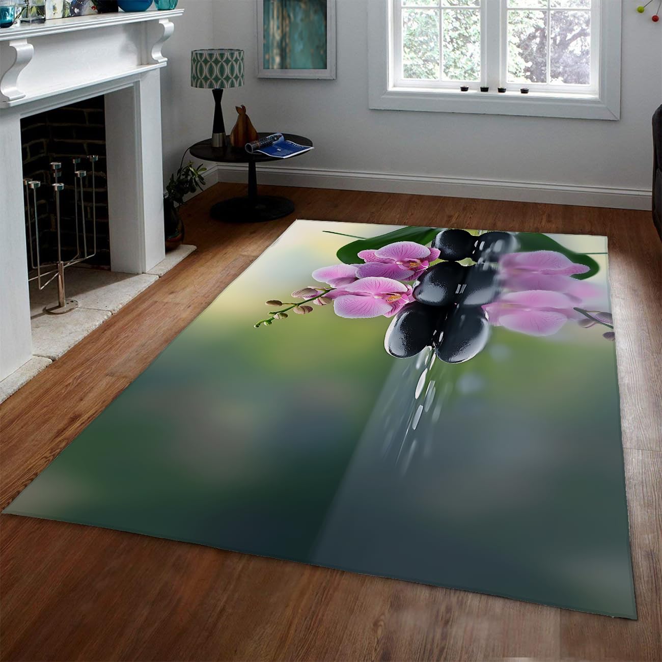 Tapis de sol 140x200cm Elegant Orchid lavable et antidérapant motif pierres noires