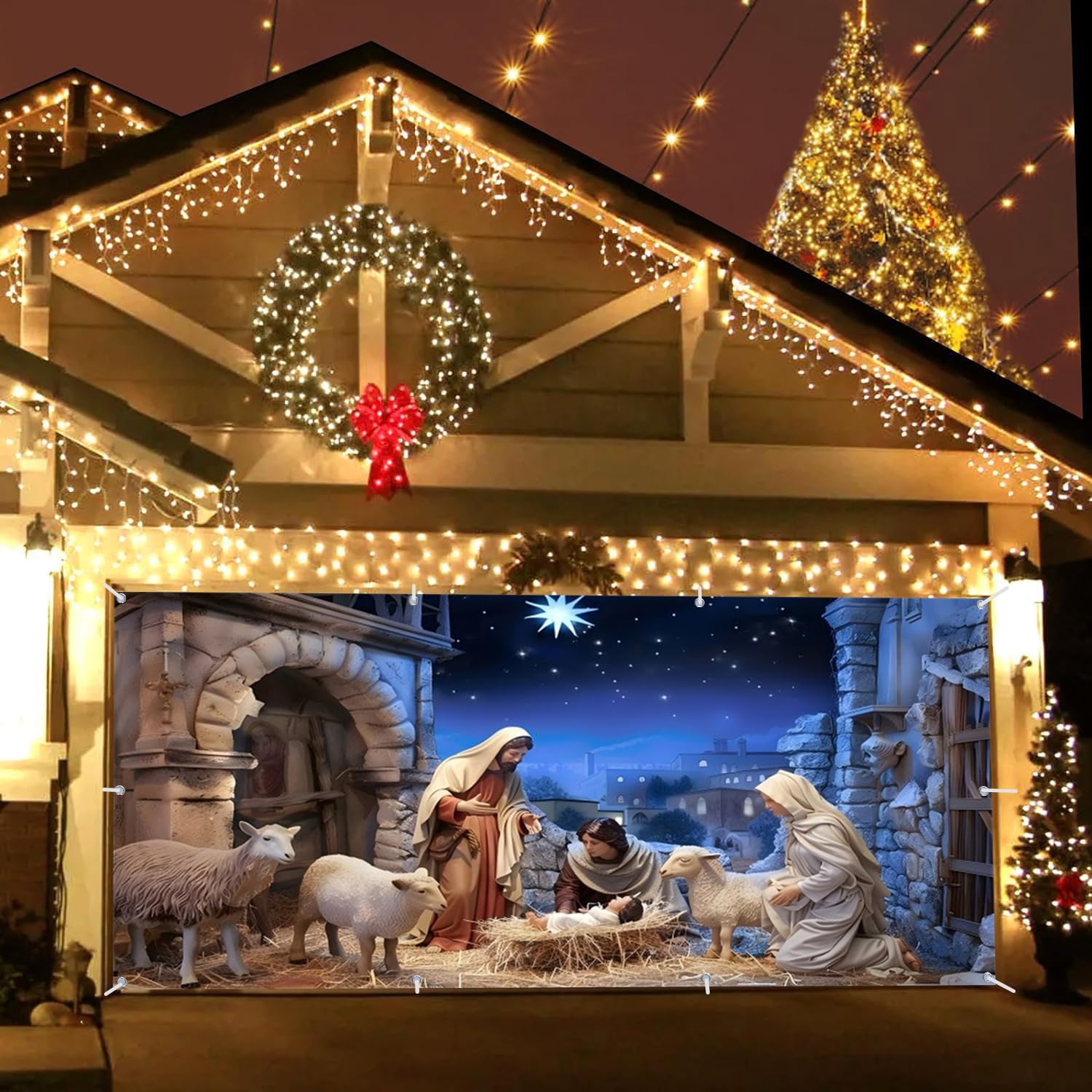 Nativity Christmas Garage Door Cover Decorations Banner Backdrop,Birth of Jesus Xmas Garage Door Cover Banner,Holy Night Scene Large Hanging 7x16ft 2 Car Outdoor Holiday Decorations