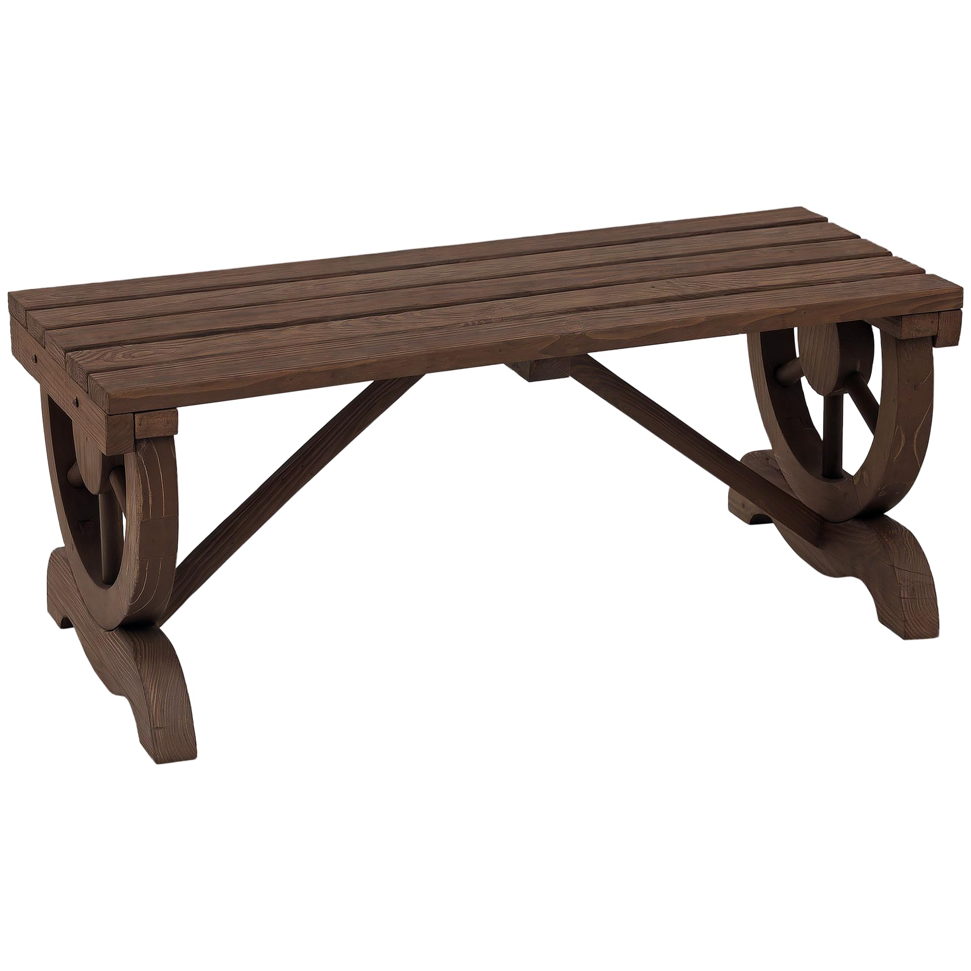 Panca Da Giardino 2 Posti Con Ruote Di Carro - Legno Di Abete Carbonizzato, 114x58x80 Cm, Stile Rustico - Foto 6