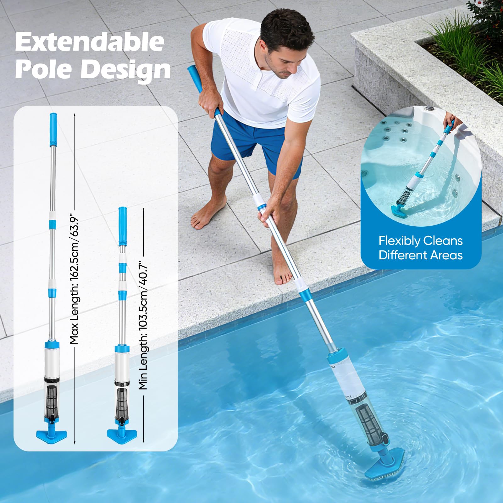 Aspirador Piscina, Limpiafondos Piscina Recargable, Aspirador Manual con Pértiga Telescópica 103,5–162,5 cm, Fuerte Succión y 3 Cabezales para Piscinas Enterradas y Sobre Tierra, Jacuzzis, Spas