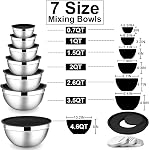 E-far Mixing Bowls with Lids Set, 7-Piece Stainless Steel Metal Mixing Bowls with 3 Grater Attachments, Size 4.6, 3.5, 2.6, 2, 1.5, 1, 0.7QT, Nesting Design & Black Airtight Lids, For Baking/Cooking