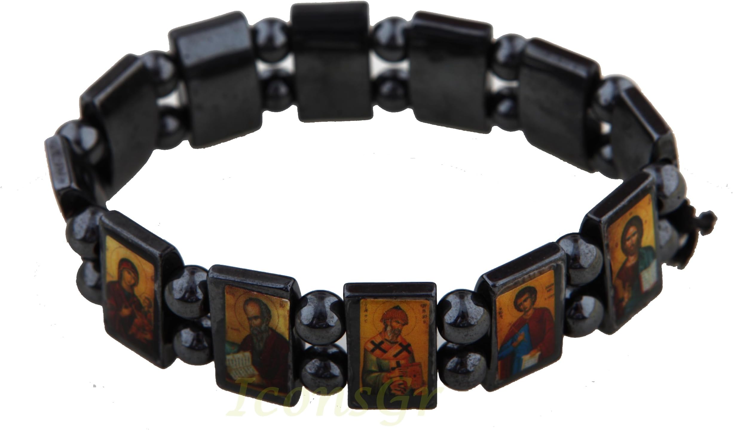 IconsGr Christian Orthodox Greek Religious Hematite Bracelet with Saints