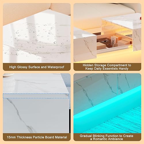 Miniatura 5 de Mesa de centro LED gris con almacenamiento para sala de estar, mesa central rectangular, mesas de centro modernas de madera de alto brillo para