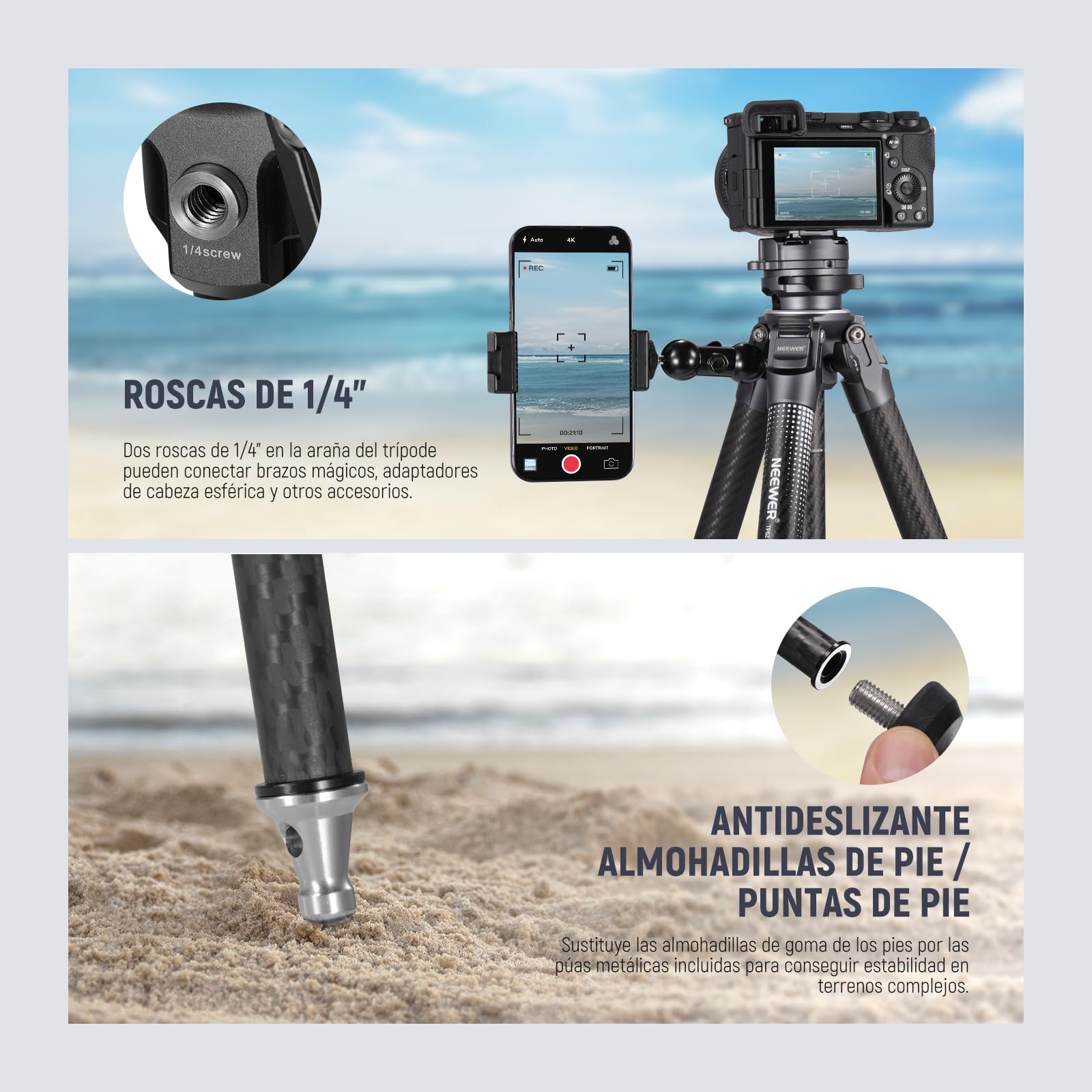 NEEWER LITETRIP LT32 - Trípode de viaje de fibra de carbono de 62 pulgadas con nivelación de ± 15°, cabeza panorámica de 360°, eje central desmontable, hebilla de giro rápido, placa Arca QR compatible