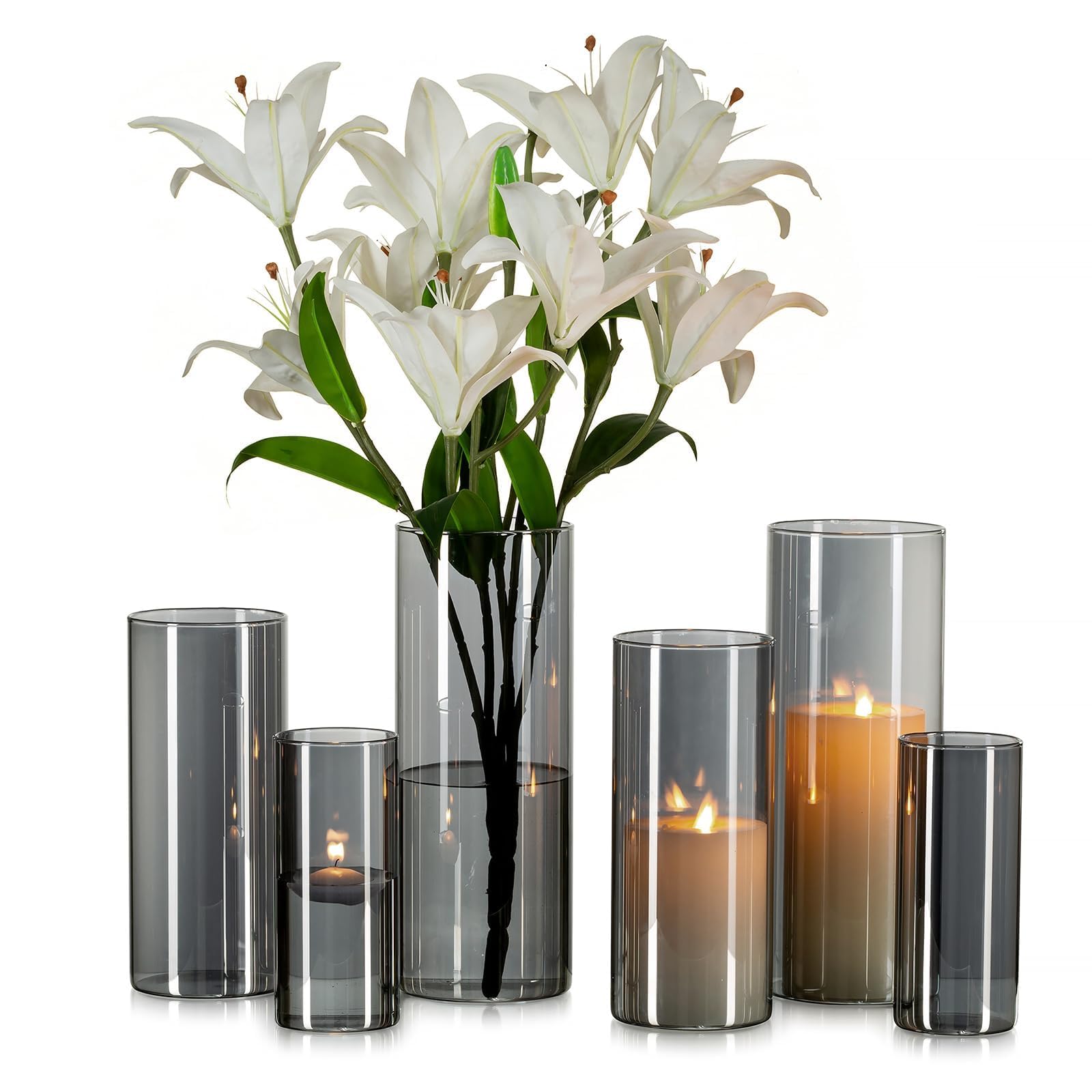 Vase en verre gris Glasseam | Lot de 6 cylindres design de 15 a 25 cm