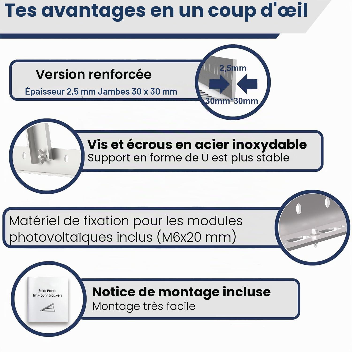 Support de panneau solaire, 114 cm, 2 paires de support de panneau solaire, support pour générateur de balcon pour panneau solaire 100W-500W, support d'angle réglable de 0-90° pour panneau solaire