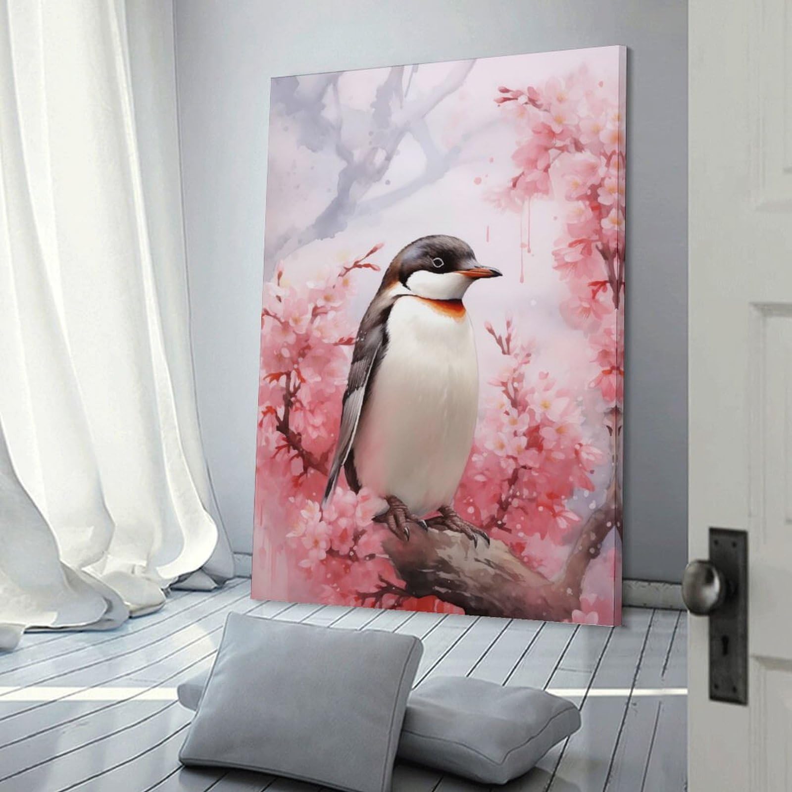Junmoney Frame-Style-11 Cherry Blossom Penguin Hanging Wall Art, 08X12inch(20X30cm), For Bedroom Decor, Cosy Corners Or Studios, An Easy Wall Refresh For Bedrooms