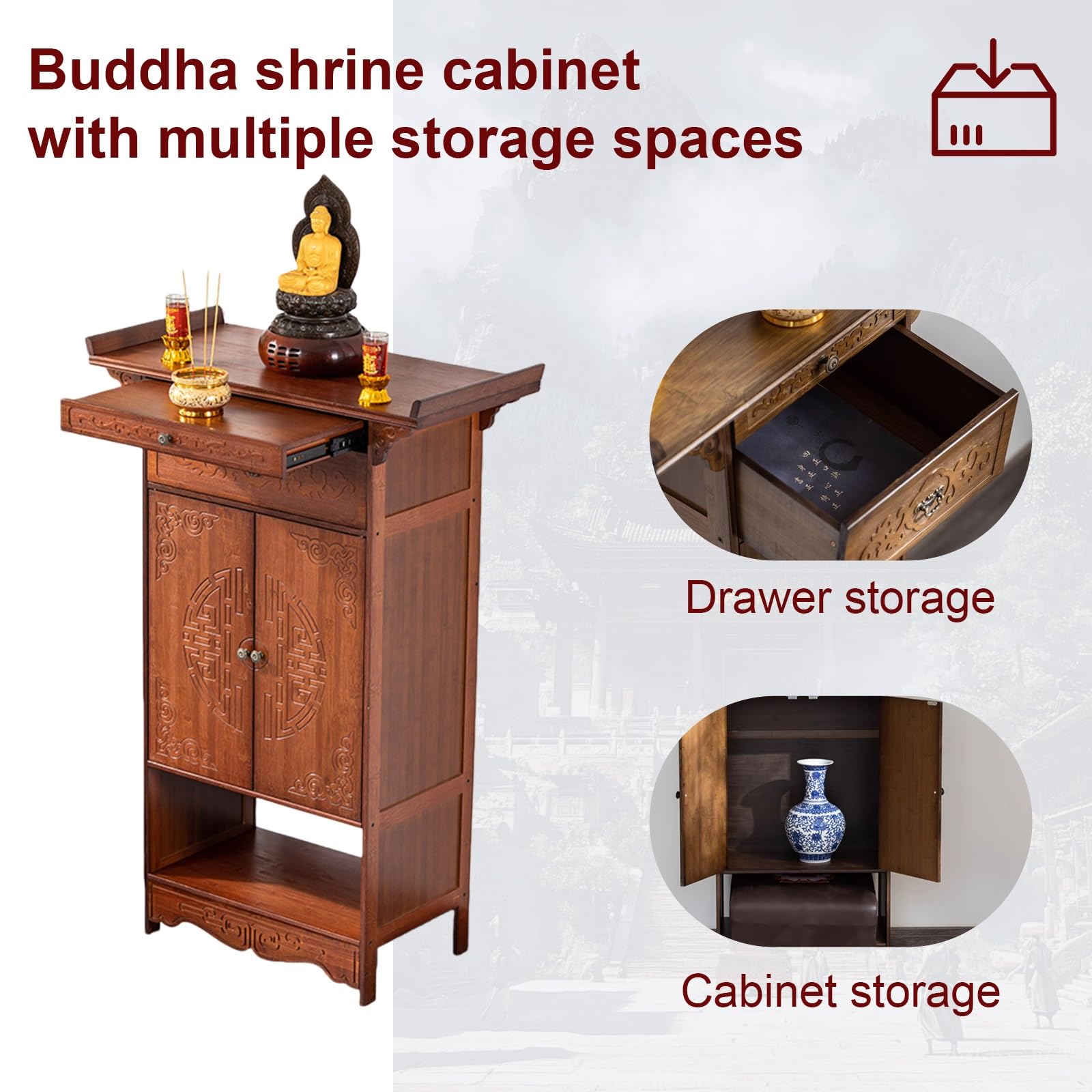 Tavolo da altare per meditazione con contenitore, design bordo e cassetto, ideale per pratiche spirituali e decorazioni, costruzione in legno