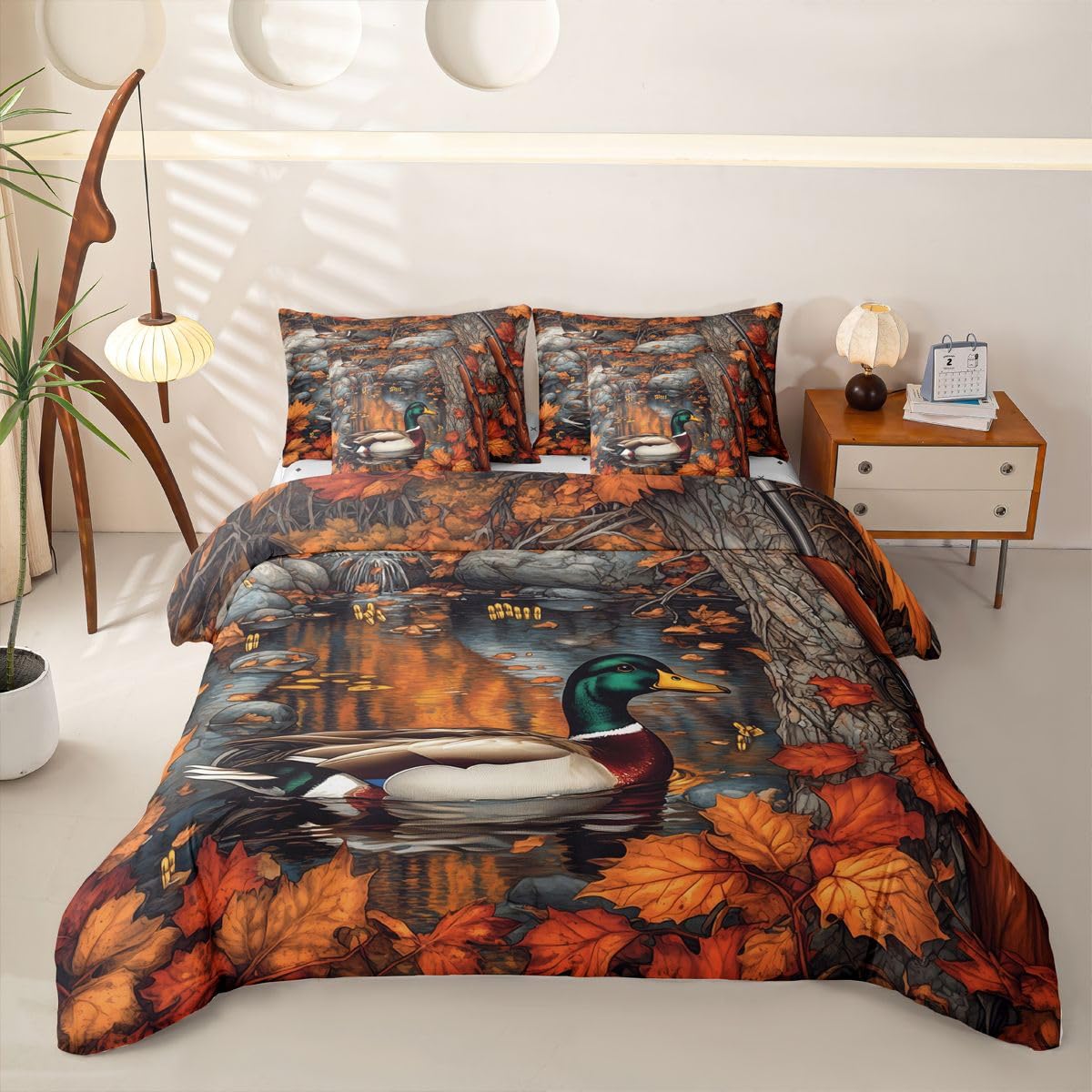 Loussiesd Mallard - Set di biancheria da letto per letto singolo, 7 pezzi, motivo: caccia e fauna selvatica, per bambini, ragazzi e ragazze, con copripiumino, lenzuola, federe, federe