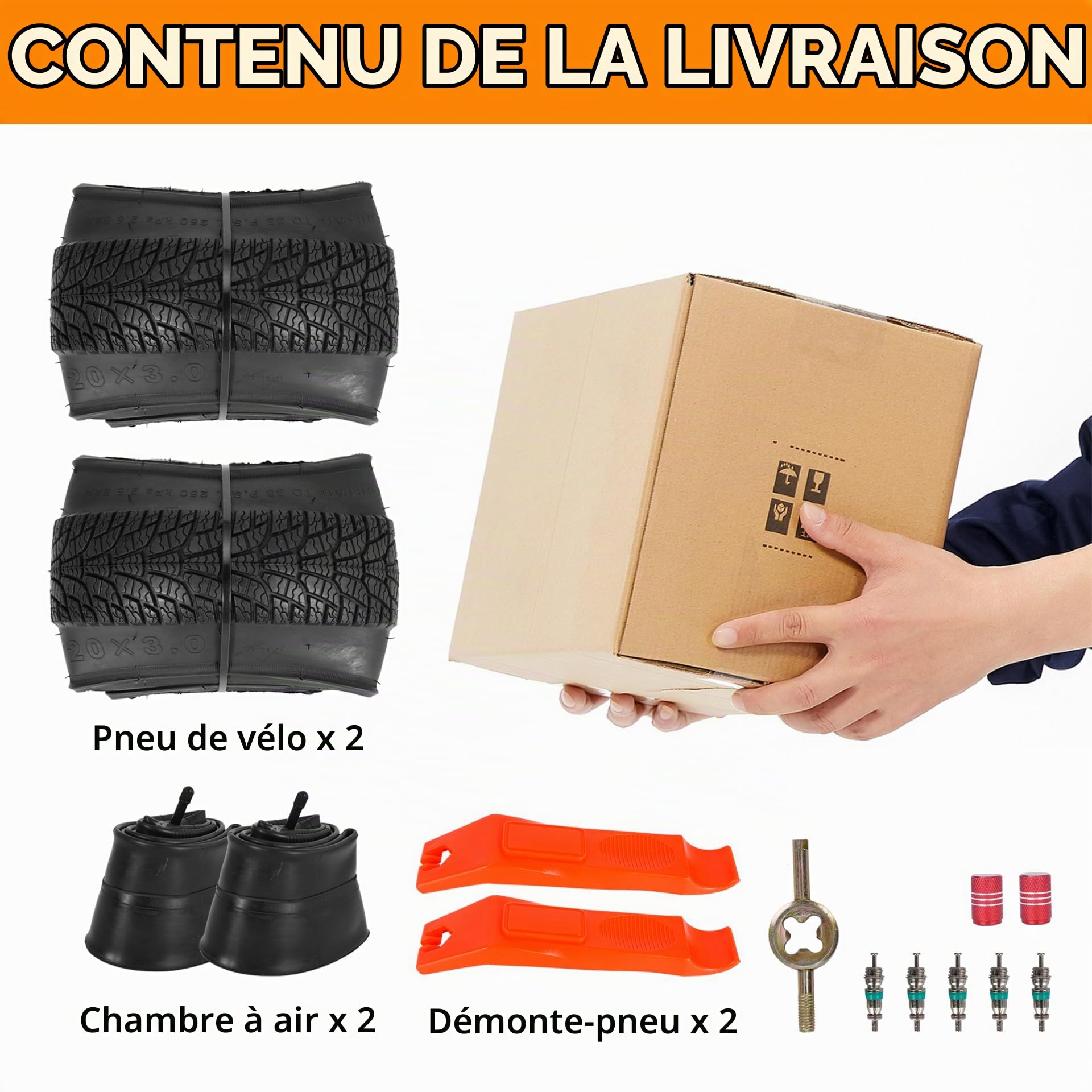 2-Pack 20x3.0 ‌Pneux et Chambres à Air pour VéLo, 20 Pouces‌ Pneu de VTT, 20x3 Chambre à Air pour VéLo avec Levier de Pneus, Pneus de Rechange Pliables pour VTT et éLectrique(FR)