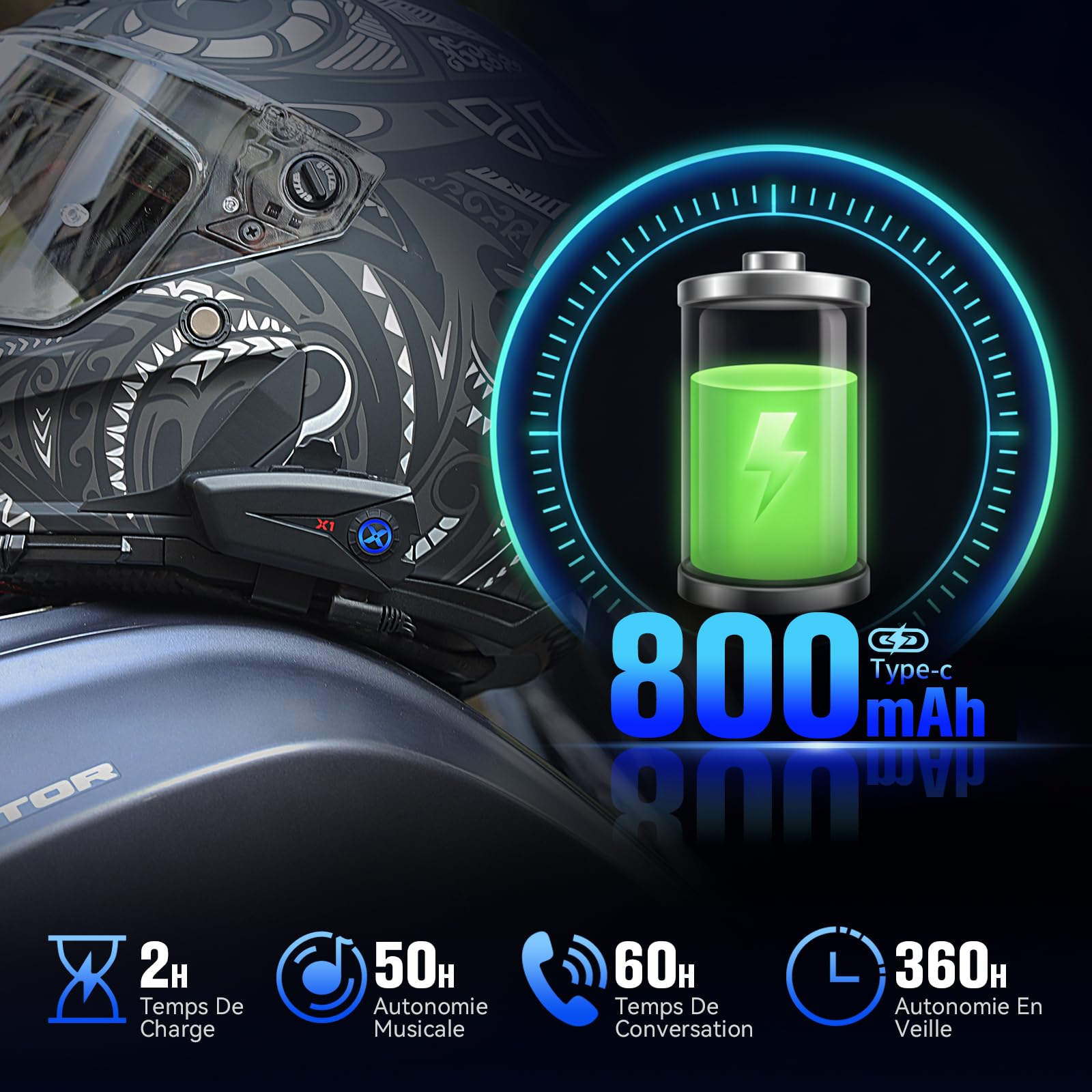 X1 Écouteurs Casque Moto avec Musique, 60 Heures D'autonomie, IP67 | Kit Main Libre Moto avec Assistant Vocal, Haut-parleurs de 40 mm, IP67 Étanche, Bluetooth casque pour Motocyclette/ ATV/ Vélo