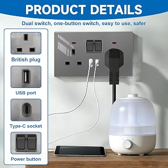 Black Double Socket with Type C & usb A, Double Switched Plug Sockets 2 Gang 13A UK, Acrylic panel USB Wall Socket, USB Sockets double for Kitchen/Bedroom/Office/Home, 35mm Back Box