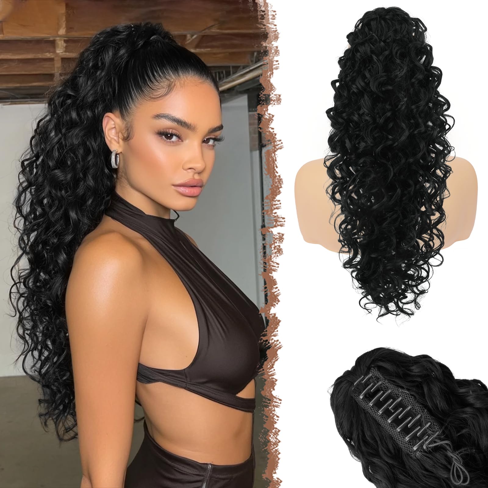 FESHFEN Coletas Postizas Rizado con Pinza - Coleta Postiza Pelo Negro Natural Ondulado Larga Ponytail Clip de Extensiones de Cabello Sintético Cola Postizos para Mujeres, 65 cm