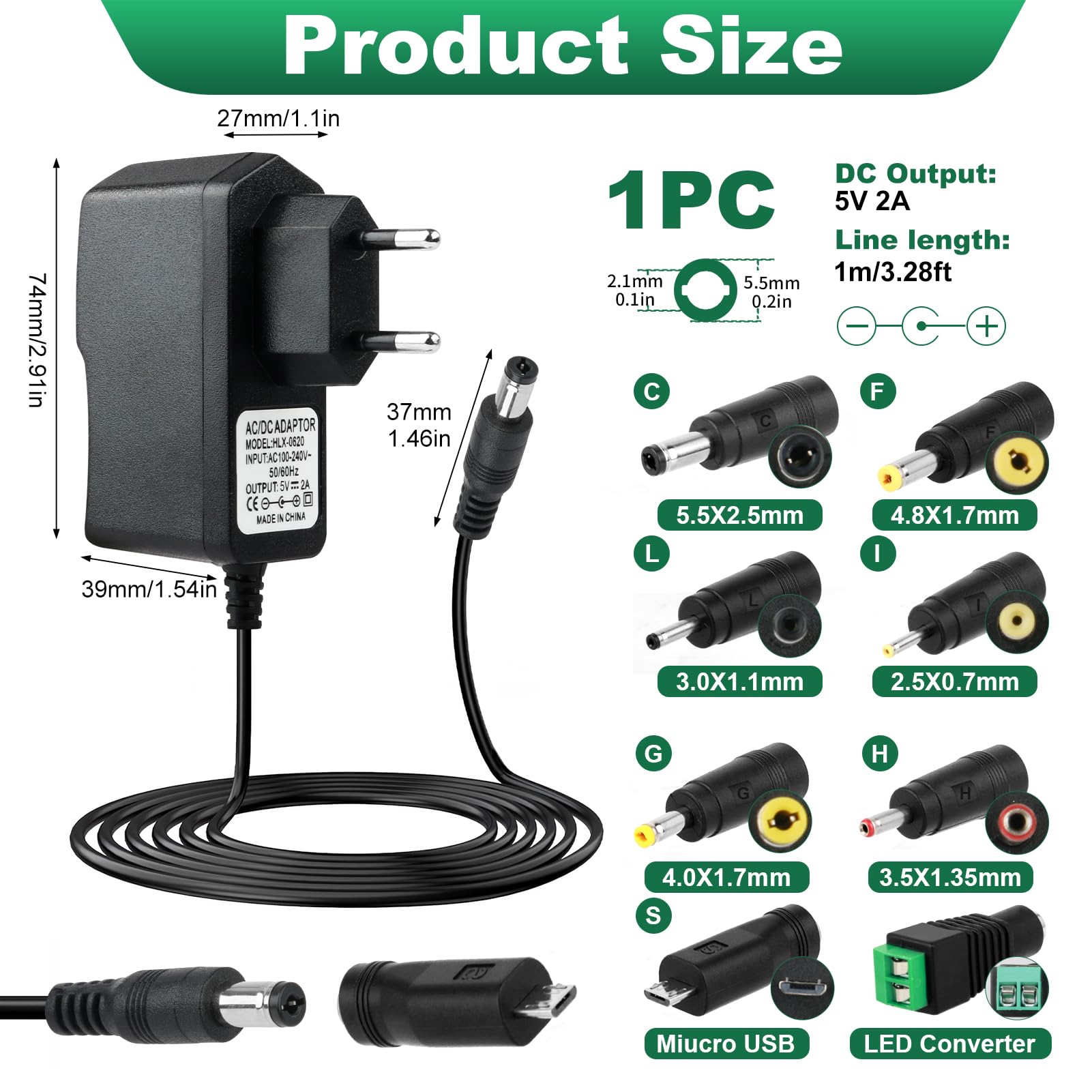 Adaptador 9V 2A Universal, Fuente Alimentacion CA 220V 230V a CC 9V 2000mA 1500mA 1000mA 500mA 5,5 * 2,1mm con 8 Conectores Transformador CA/CC 100-240v 50-60Hz para Tiras LED Cámaras CCTV Router TV — view 2