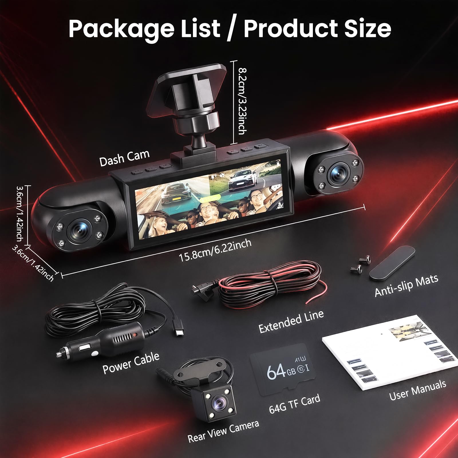 Rimoody Dash Cam Auto 4 kamery samochodowe, kamera Dashcam 3,16 cala, zintegrowana noktowizor, wyczuwanie ruchu, tryb parkowania 24/7, obsługa cofania pamięci 64 GB