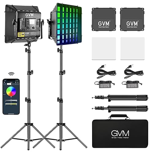 GVM Upgrade 800D RGB Video Light Kits with 2 Softboxes, Studio Lights with Bluetooth Control, 2 Packs Photography Lighting with 18 Lighting Scenes, led Panel Lights for Video Recording - 800D 2packs with softbox