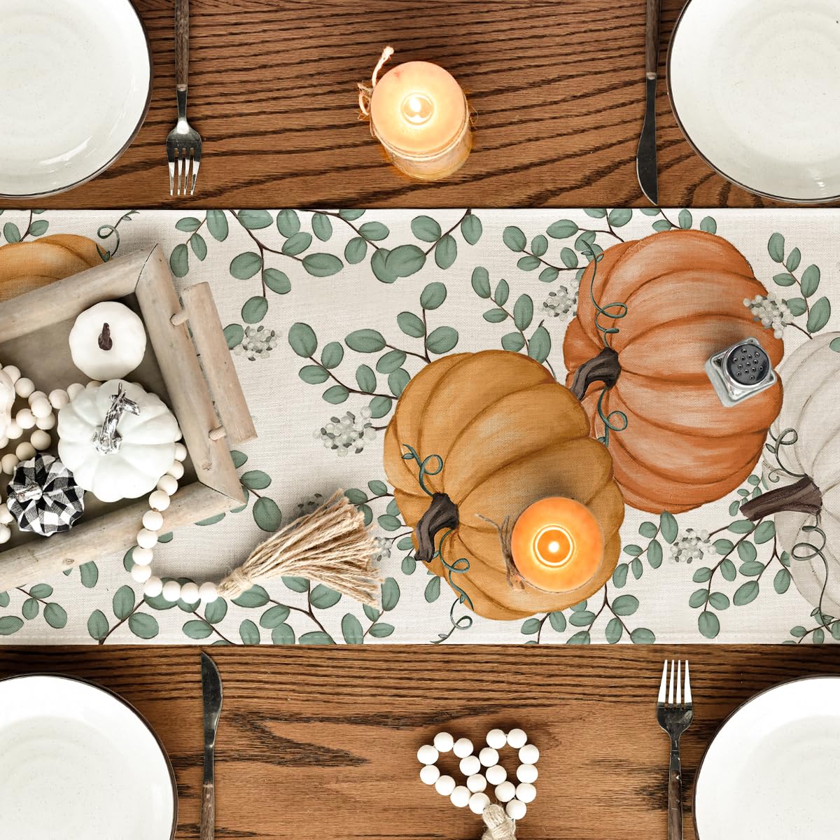 Herbst Tischläufer 40x140 Cm - Orange Kürbisse & Blätter Design Für Küche & Party