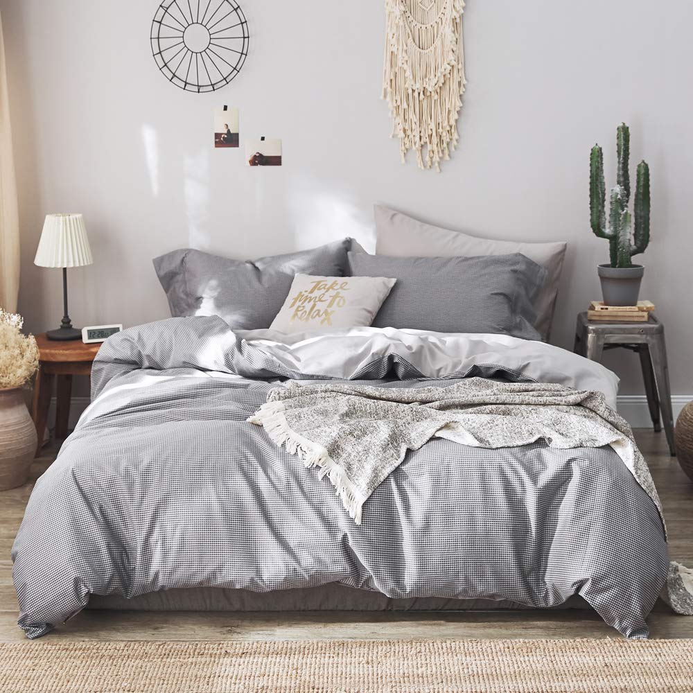 Houndstooth Bedding Comforter Cover King 100% Cotton Men Duvet Cover King with 4 Corner Ties Plaid Teens Bedding Sets King for Kids Boys Geometric Bedding Duvet Cover Grey Quilt Cover, No Comforter