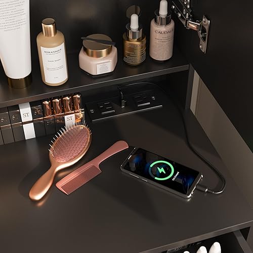 Miniatura 7 de Vabches Escritorio con espejo de maquillaje con taburete, juego de tocador de maquillaje con 6 cajones y estantes, tocador con tira de alimentación,