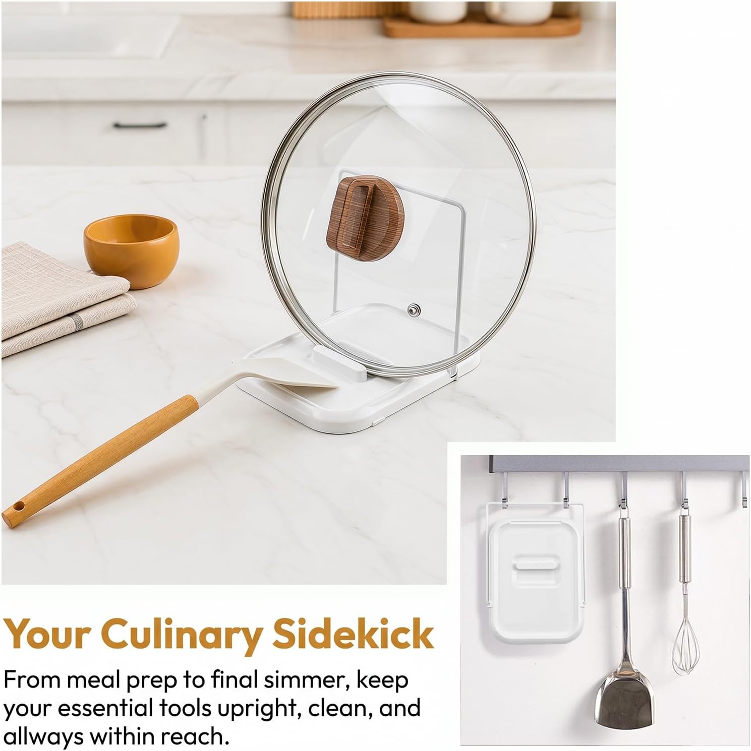 2-in-1 Foldable Pot Lid Holder with Spoon Rest for Countertop, White