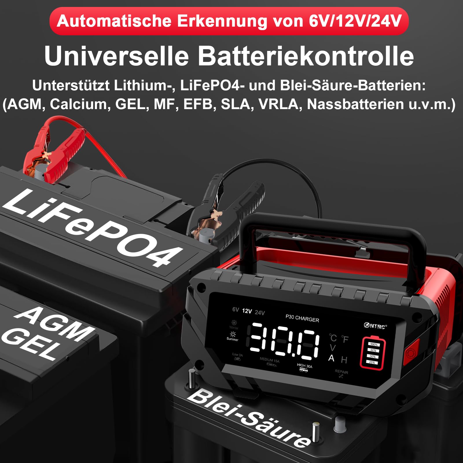 HTRC 6V/12V/24V Autobatterie Ladegerät, 30A Ladegeräte für Autobatterien, Batterieladegerät KFZ für Auto, Motorrad, Rasenmäher, Boot, Lithium, LiFePO4 und Blei-Säure(AGM, Gel, MF, EFB, SLA, VRLA, Wet)