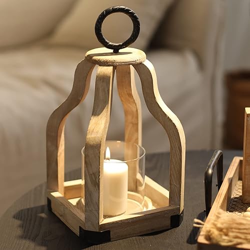 Miniatura 6 de SWALLOWLIVING 13" Rustic Farmhouse Wood Candle Hurricane Lantern with Glass Candlestick Holder for Patio, Table Centerpiece, White Washed