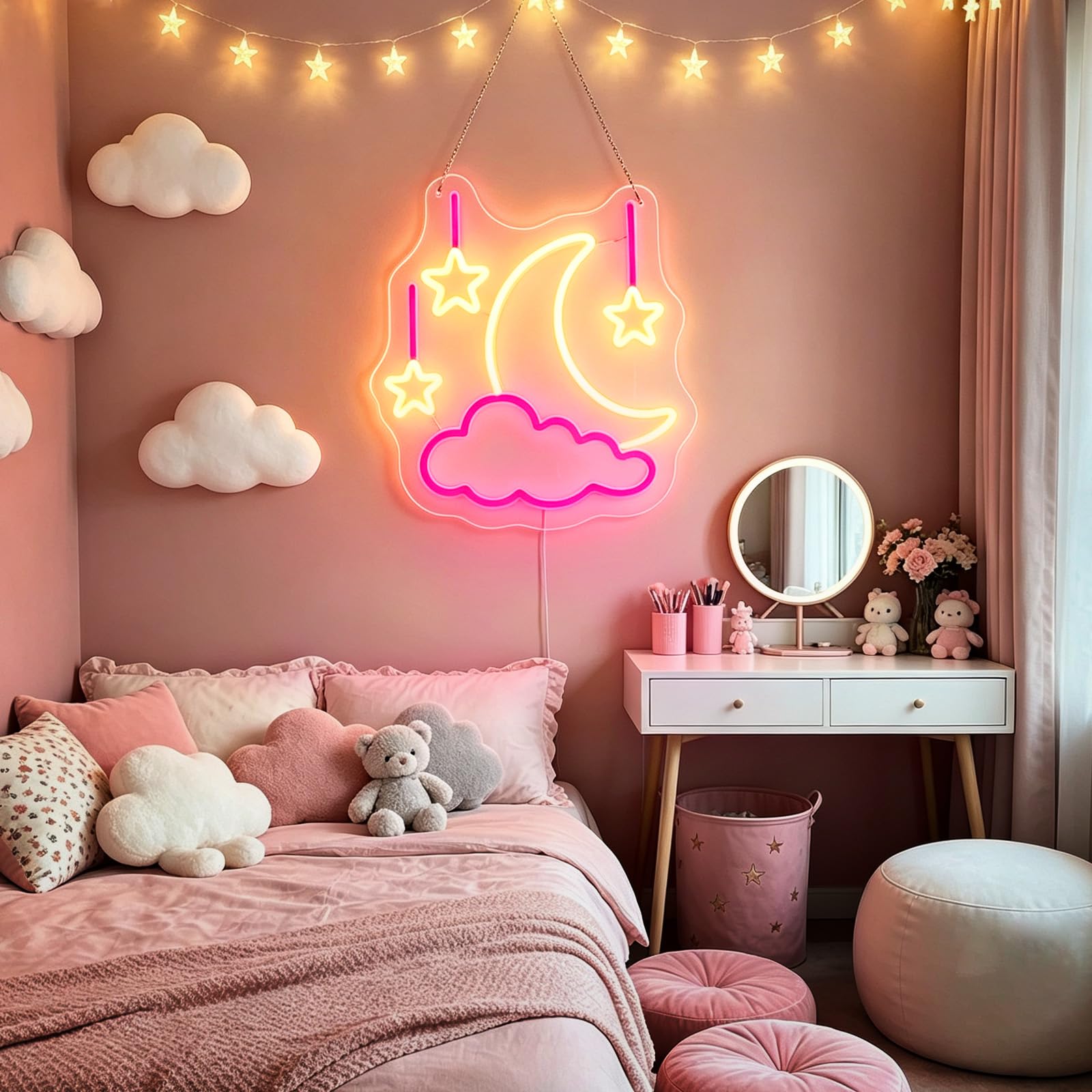 Insegna al neon a forma di luna nuvola per decorazione da parete, luce LED Luna Star, alimentata tramite USB, per camera da letto, bambini, romm bar, regali per bambini e ragazze