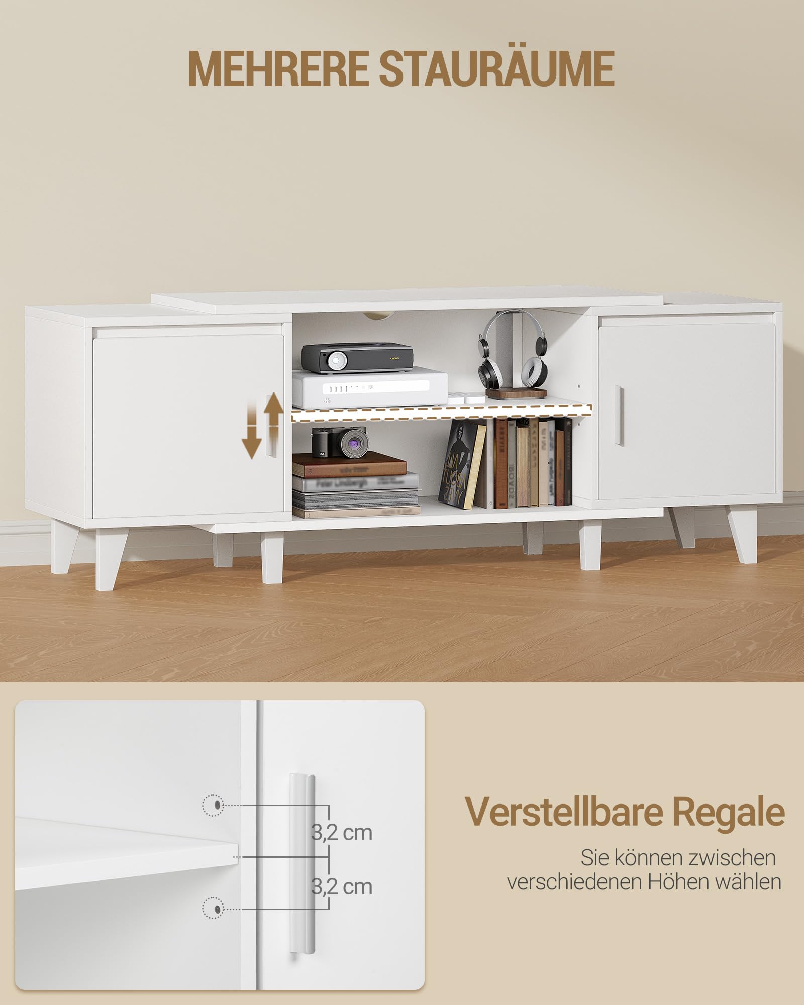 Hzuaneri TV- Schrank, Fernsehschrank, für TV-Geräte unter 65 Zoll, TV-Ständer mit 2 Schränken und 2 Freiflächen, 140 x 40 x 51,5 cm, für Wohnzimmer, Schlafzimmer, Esszimmer, Weiß TV16703E