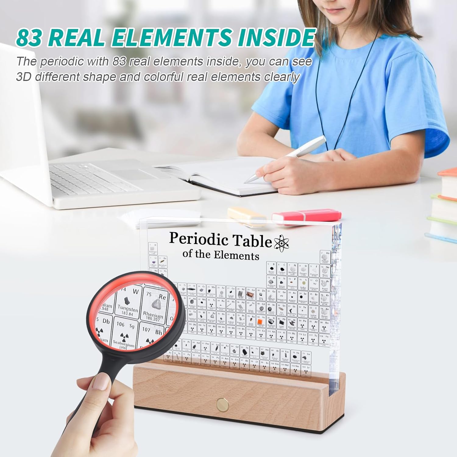 Bilomiy Periodic Table with 83 Real Elements Sample Inside, Acrylic Stand Real Chemical Element Periodic Table Teaching Tools, Gift for Science Enthusiast, Kids, Students, Teachers