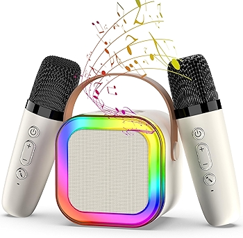 迷你卡拉OK机带2个无线麦克风和LED派对灯，适合儿童和成人的生日圣诞礼物（紫色）