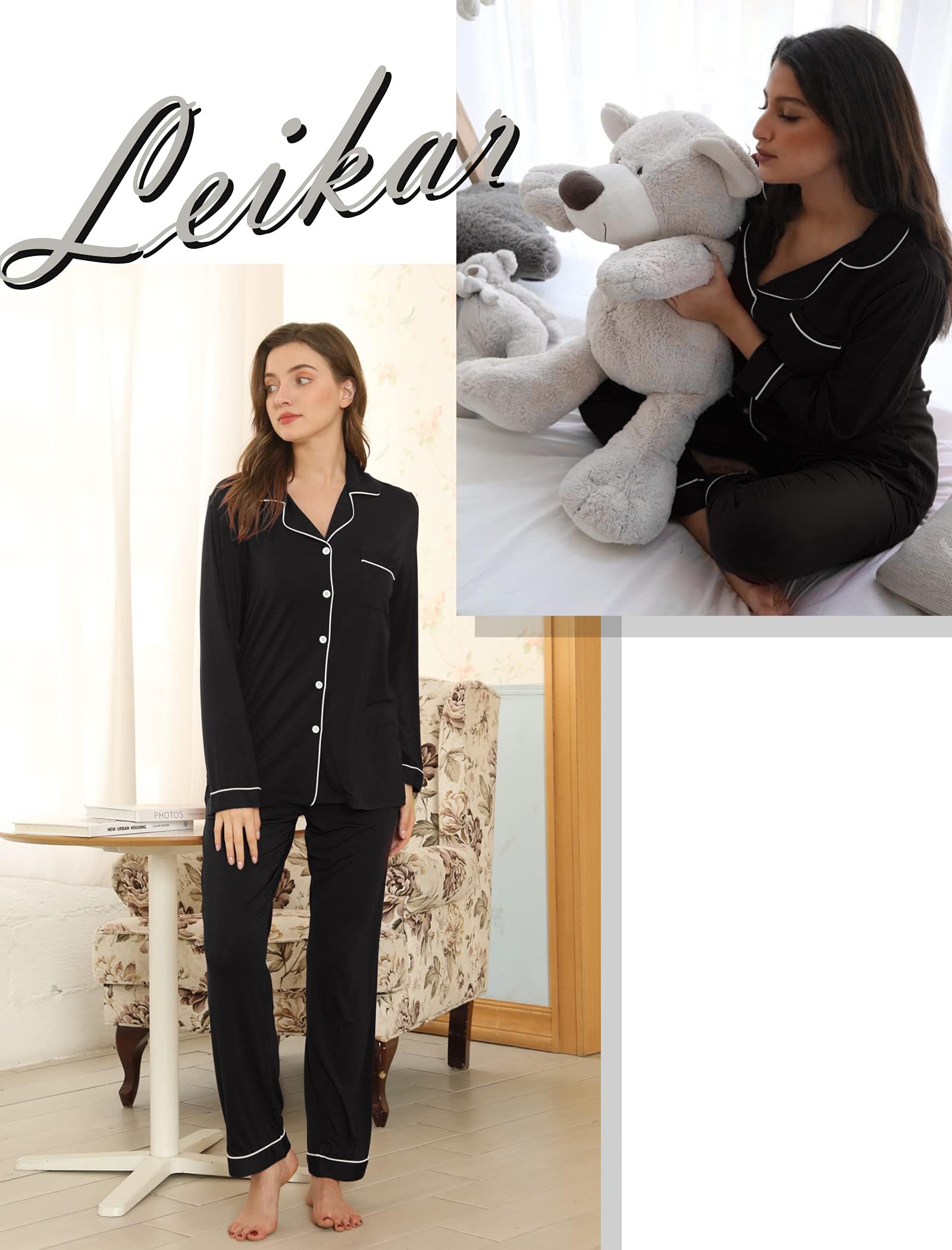 Leikar Set Pigiama da Donna a Maniche Lunghe con Bottoni e Pantaloni Pigiama Morbidi Set da Salotto