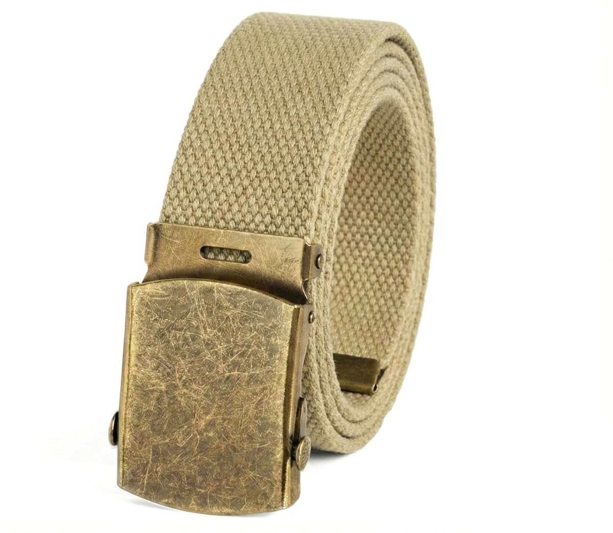 Canvas Web Belt Military Style with Antique Brass Buckle and Tip 50" Long Khaki
