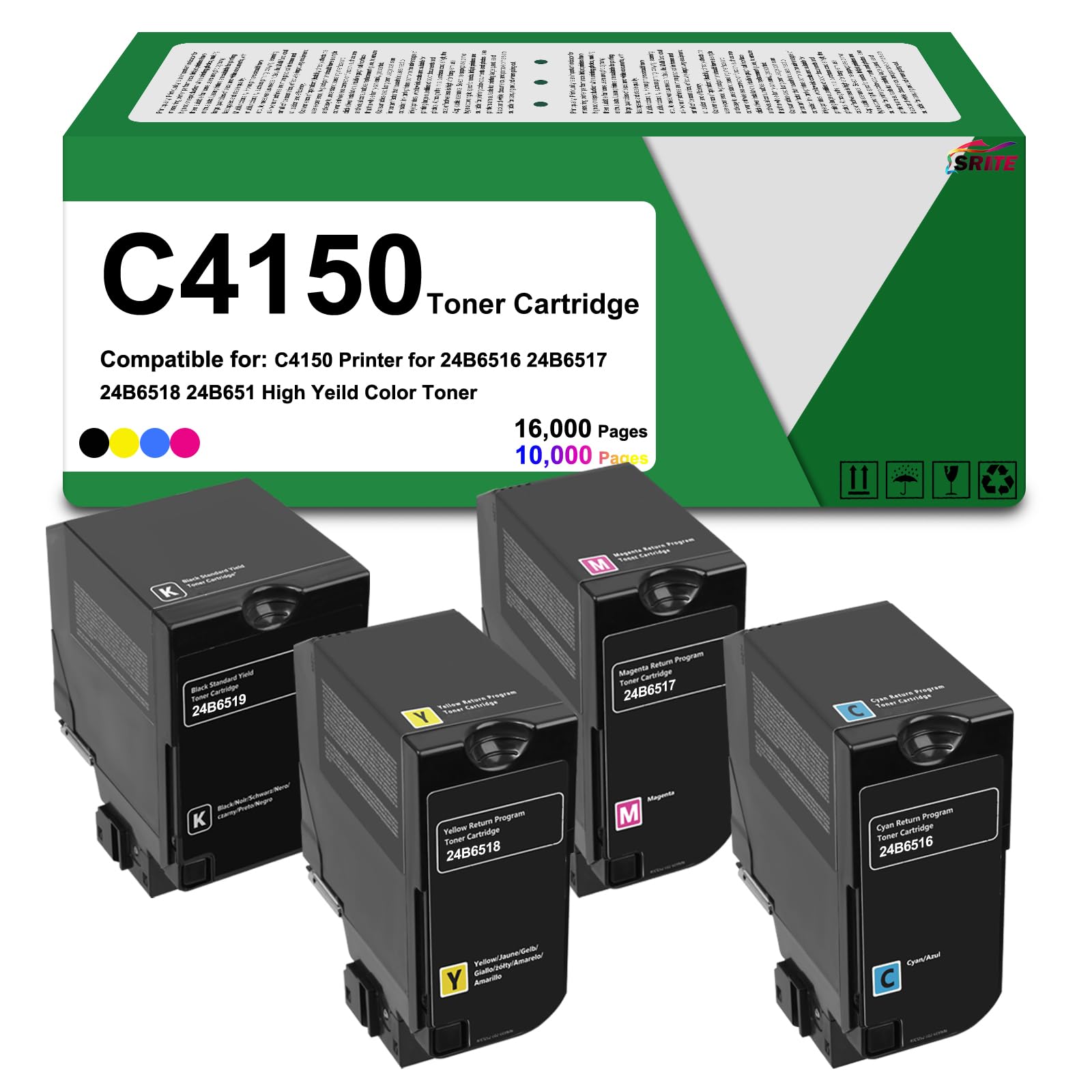 SRITE C4150 Toner Cartridge Compatible for 24B6516 24B6517 24B6518 24B6519 Replacement for Lexmark C4150 Printer (4 Pack-Black, Yellow, Magenta, Cyan), small