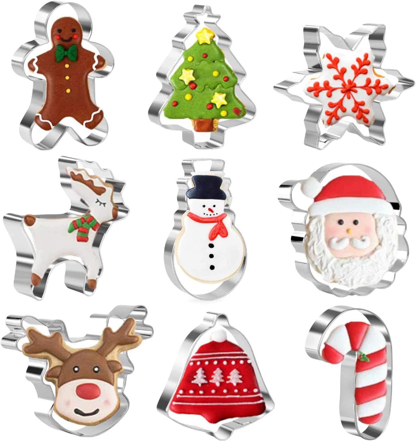 Christmas Cookie Cutters Set - 9 PCS Snowflake,Gingerbread Man,Christmas Tree,Snowman,Reindeer Head,Bell,Santa Face,Reindeer, Candy Cane Stainless Steel Cookie Cutter for Biscuit, Fondant