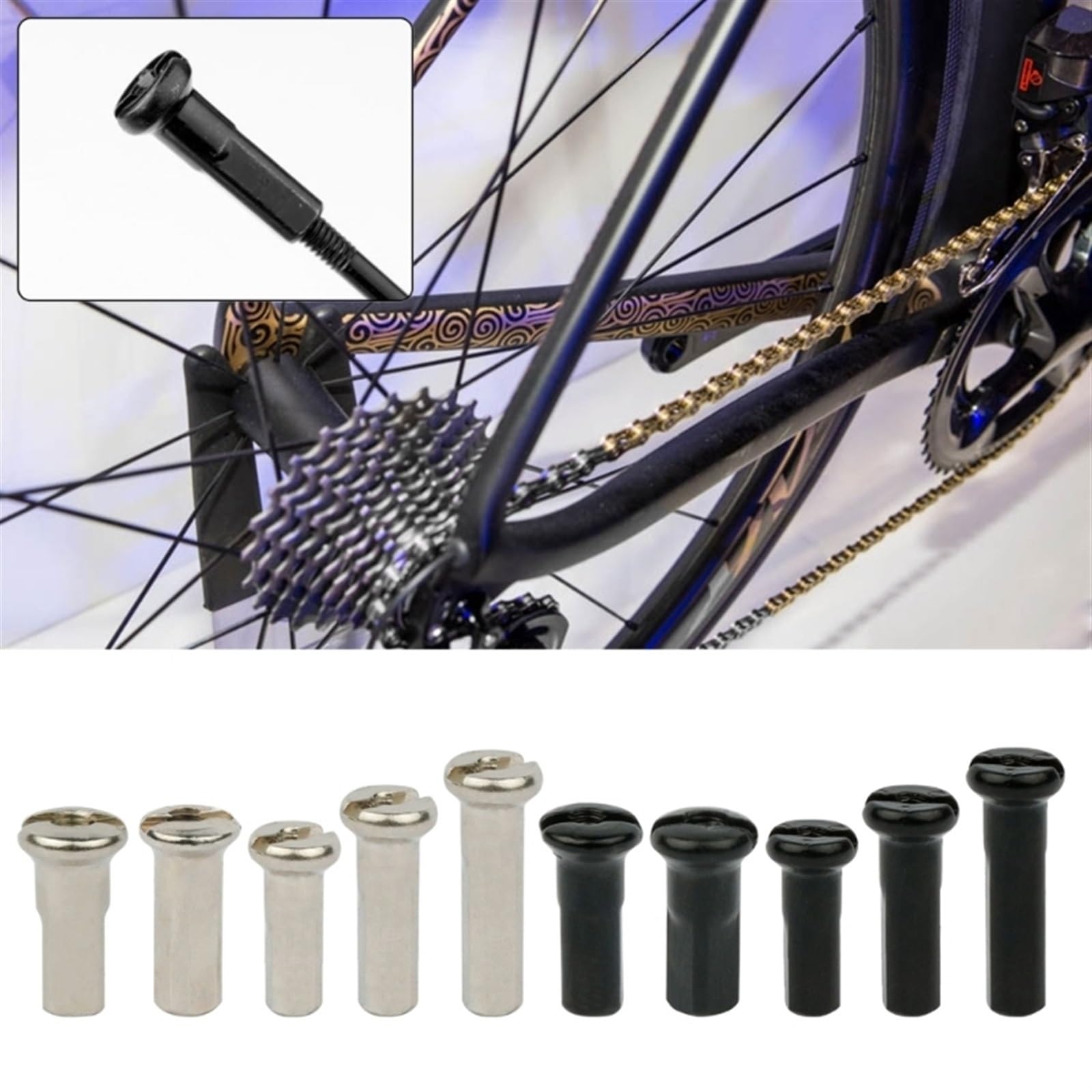 72 RAGGI NERI LUNGHI 285X2 mm COMPLETI DI NIPLES IN OTTONE CROMATI BICI 72 RAGGI NERI LUNGHI 285X2 mm COMPLETI DI NIPLES IN OTTONE CROMATI BICI