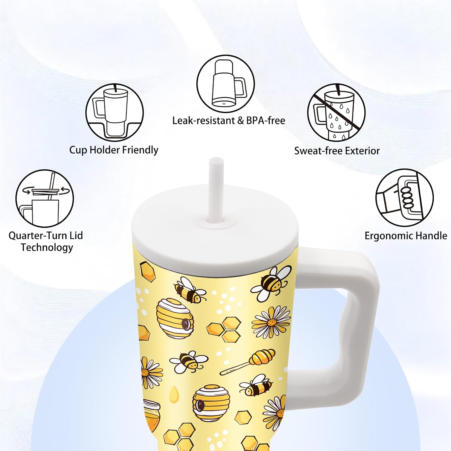 Bee Themed Gifts - 24 oz Tumbler with Handle and Straw - Insulated Stainless Steel Cup, Leakproof, Cute Bee Design Travel Mug for Women, BPA Free, Fits Car Cup Holders, Keeps Drinks Cold/Hot - Image 5