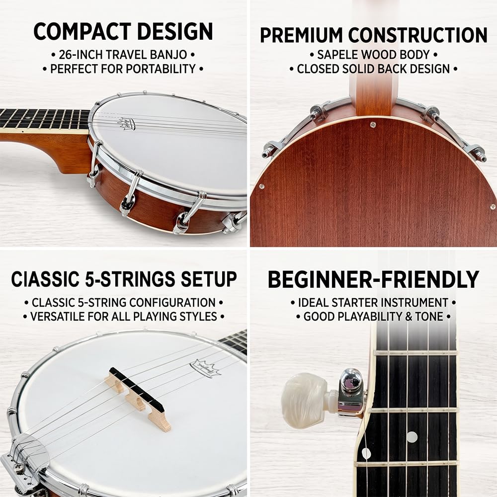 Banjo a 5 corde, banjo da 66 cm, 5 corde con corpo in sapele, per adulti e professionisti, kit per principianti chiuso con borsa da concerto, plettri, corde, tracolla