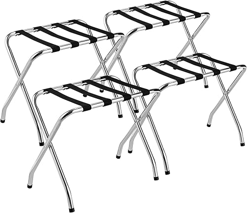 Tangkula Portaequipajes cromado para habitación de invitados, no requiere montaje, soporte plegable de metal para maleta con cinturones de nailon,