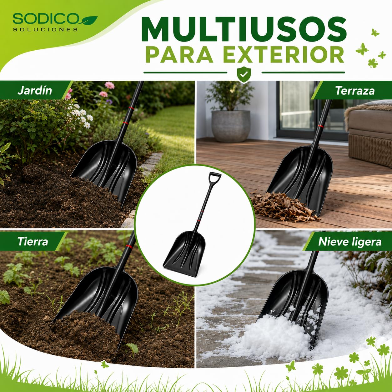 Pala de Plástico Grande para Jardín 120 cm - Cabezal 34 x 47 cm - Mango de Acero Forrado en PVC y Agarre en D, Pala Multiusos para Hojas, Tierra, Terraza y Nieve - Color Negro (Acero aleado)