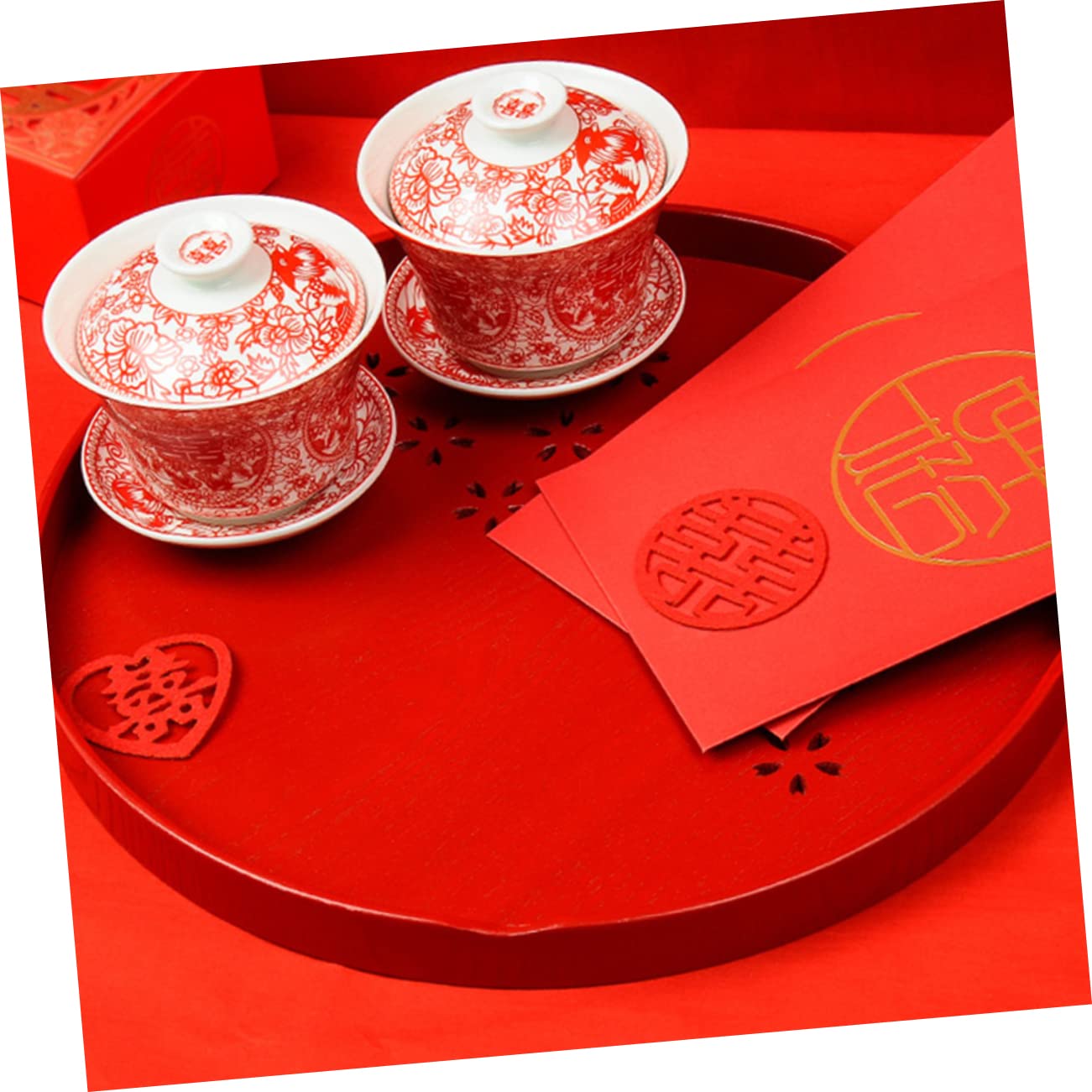 Bandeja Decorativa Redonda de Madera Roja para Juego de Té de Boda