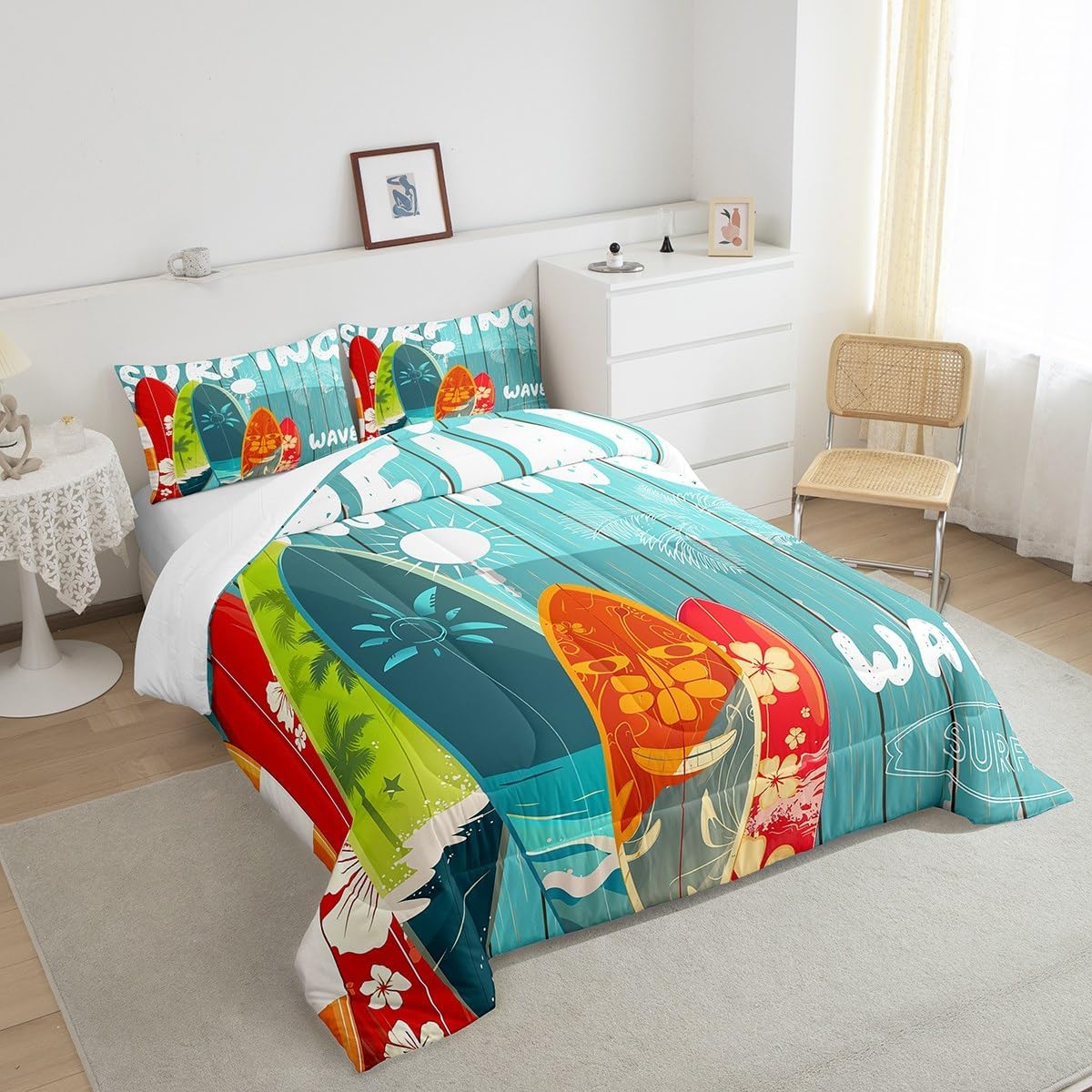 Surfboard Surf Comforter Set Full,Blue Rustic Farmhouse Wooden Board Duvet Insert Sun Flowers Palm Tree Silhouette Bedding Set for Kids Teens Adults,Hawaiian Ocean Style Quilted Duvet,2 Pillowcases