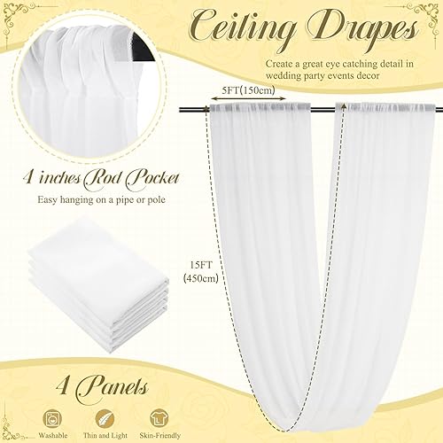 Miniatura 2 de Cortinas blancas de techo para fiestas, 4 paneles, 5 x 15 pies, cortinas de boda para techo, tela transparente, tela drapeada, cortina de gasa para