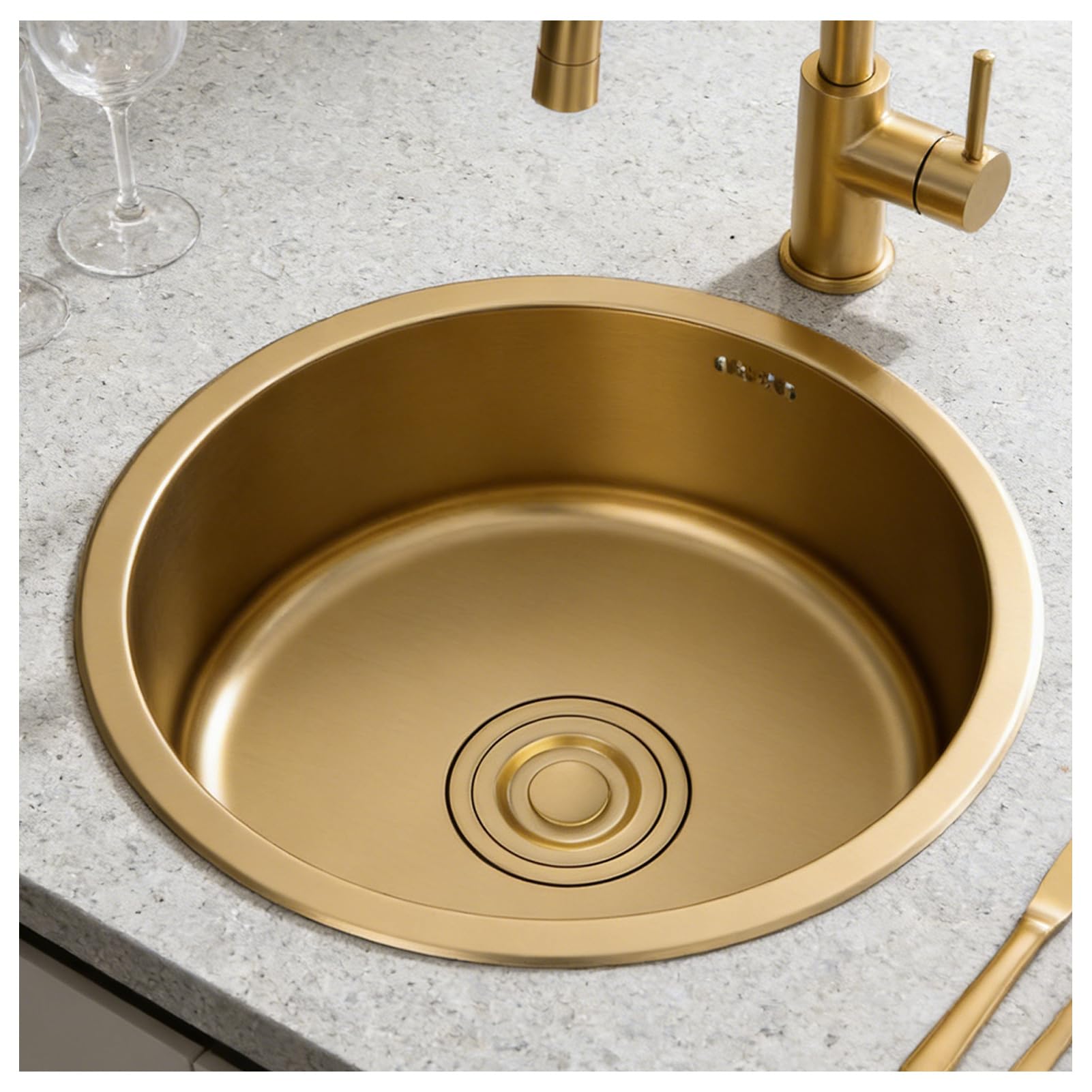 Rundspüle, goldfarben, 40 x 40 cm, Küchenspüle und Stange in Gold, rund, goldfarben, unterhalb oder auf der Arbeitsplatte, sink für Minibar, Edelstahl mit Siphon